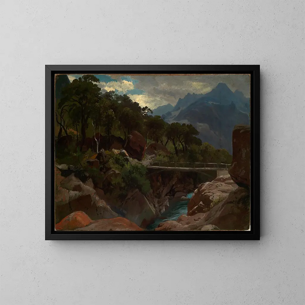 Rivière di montagna svizzera con ponte - Johann Wilhelm Schirmer — quadro incorniciato alla parete