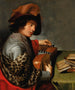 Un uomo con un cappello piumato e una stole di pelliccia che accorda un liuto davanti a un tavolo con dei libri - Johannes Baeck — vista dell’opera
