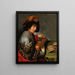 Un uomo con un cappello piumato e una stole di pelliccia che accorda un liuto davanti a un tavolo con dei libri - Johannes Baeck — quadro incorniciato alla parete