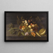 Nature morte con mele, pere, uva e altri frutti in una ciotola di porcellana cinese su un davanzale accanto a un melone - Johannes Bosschaert — quadro incorniciato alla parete