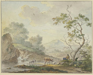 Johannes Christiaan Janson - Bei einem Wasserfall ein Hirte mit einer Kuh und Ziegen.webp