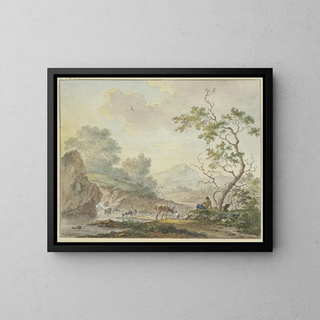 Johannes Christiaan Janson - Bei einem Wasserfall ein Hirte mit einer Kuh und Ziegen.webp