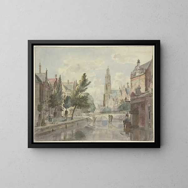 Ponte in legno sopra un canale con una cattedrale sullo sfondo e una lanterna a destra della casa - Johannes Huibert Prins — quadro incorniciato alla parete