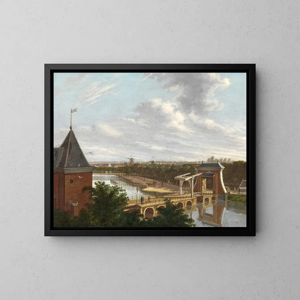 Il canale esterno di Amsterdam vicino alla Leidsepoort visto dal teatro - Johannes Jelgerhuis — quadro incorniciato alla parete