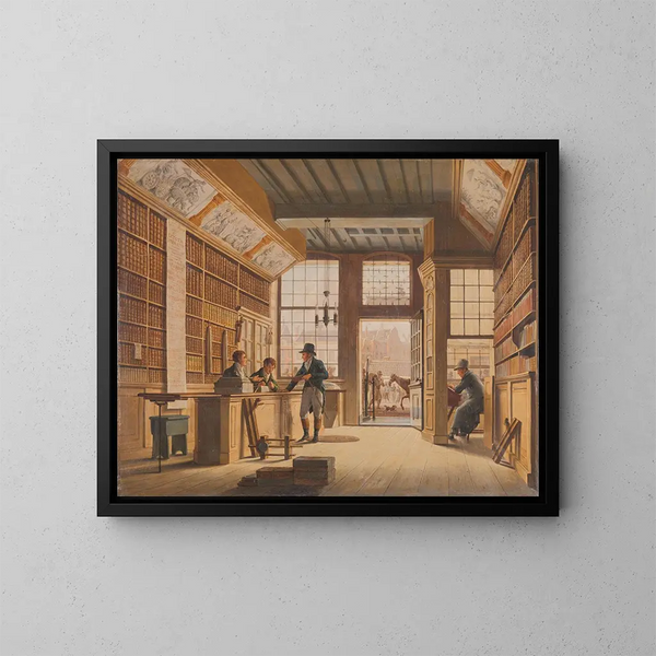 La boutique del libraio Pieter Meijer Warnars sul Vijgendam ad Amsterdam - Johannes Jelgerhuis — quadro incorniciato alla parete