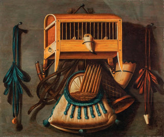 Johannes Leemans - A trompe loeil still life with a bird in a cage a bird whistle hunting horns and other hunting implements hanging on a wall.webp
