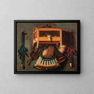 Johannes Leemans - A trompe loeil still life with a bird in a cage a bird whistle hunting horns and other hunting implements hanging on a wall.webp