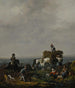 dei falconieri su un sentiero con mietitrebbiatrici che caricano fieno su un carro vicino a una valle al tramonto - Johannes Lingelbach — vista dell’opera