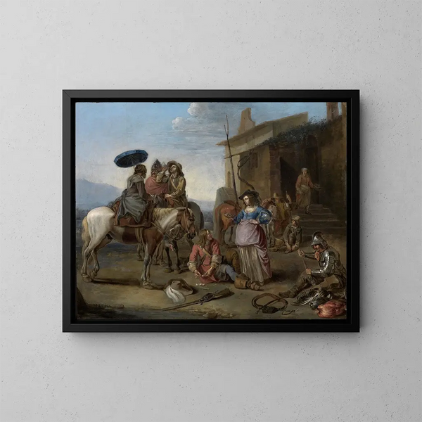 I viaggiatori si fermano davanti a un'osteria - Johannes Lingelbach — quadro incorniciato alla parete