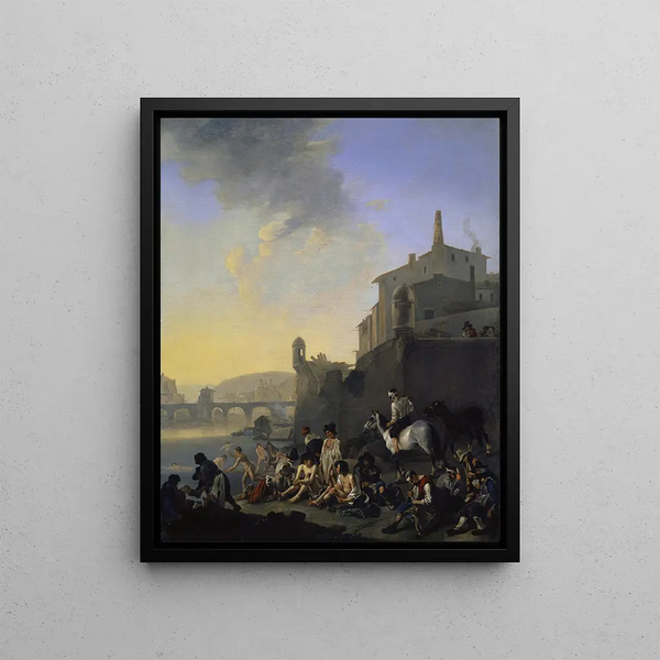 Johannes Lingelbach - River with Bathing Gypsies near an Italian Town.webp