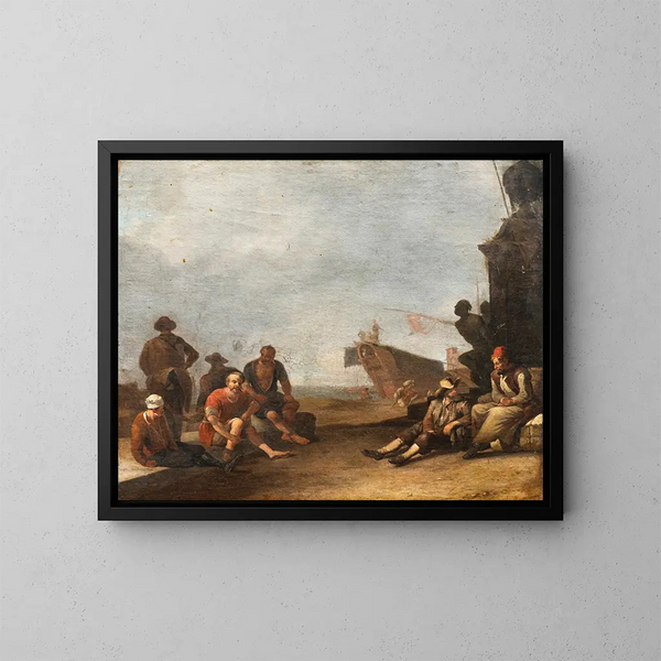 Vista su un porto del sud con mercanti e prigionieri, una nave e la statua di Ferdinando I de' Medici a Livorno - Johannes Lingelbach — quadro incorniciato alla parete