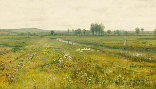 John Atkinson Grimshaw - An extensive meadow landscape with geese by a stream.webp
