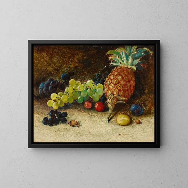 Nature morte con ananas, uva, noci e prugne - John Atkinson Grimshaw — quadro incorniciato alla parete