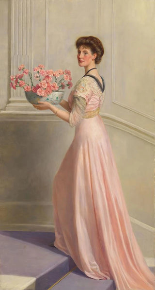 John Collier - Portrait of a lady in pink carrying a bowl of pink carnations.webp
