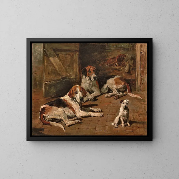 Dei cani e un terrier in una stalla - John Emms — quadro incorniciato alla parete