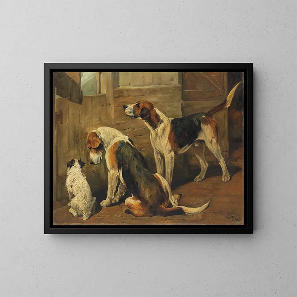 In attesa della caccia, una tana e due cani da caccia - John Emms — quadro incorniciato alla parete