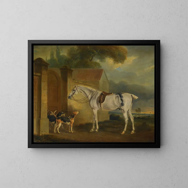 Il cavallo grigio trafitto di Lord Lonsdale a Cottesmore con i cani di Cottesmore - John Ferneley — quadro incorniciato alla parete