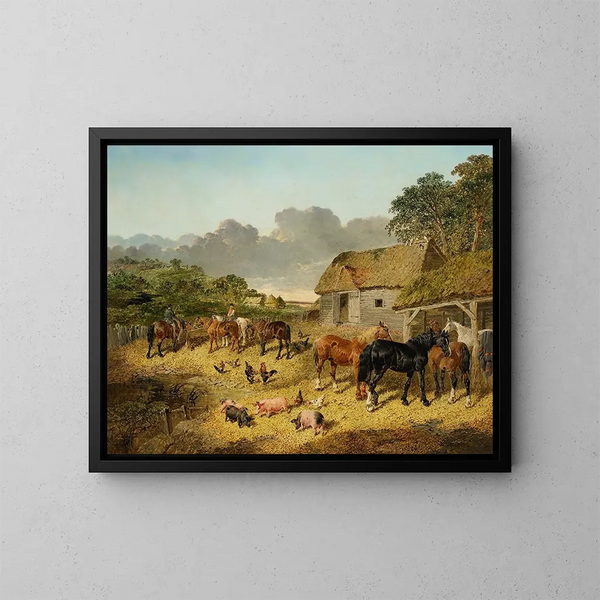 dei cavalli che bevono a una abbeveratoio con maiali e polli in un cortile di fattoria - John Frederick Herring Jr. — quadro incorniciato alla parete
