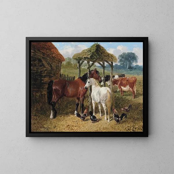 Cavalli, mucche e galline in un cortile di fattoria - John Frederick Herring Jr. — quadro incorniciato alla parete