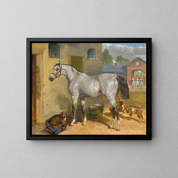 Uno dei Scots Greys in un cortile con un cane e delle capre - John Frederick Herring l'Ancien — quadro incorniciato alla parete