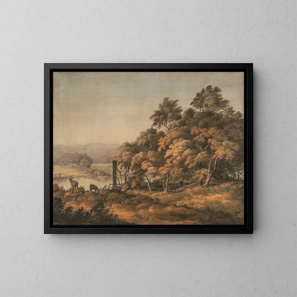 Un vasto paesaggio fluviale con asini - John Glover — quadro incorniciato alla parete