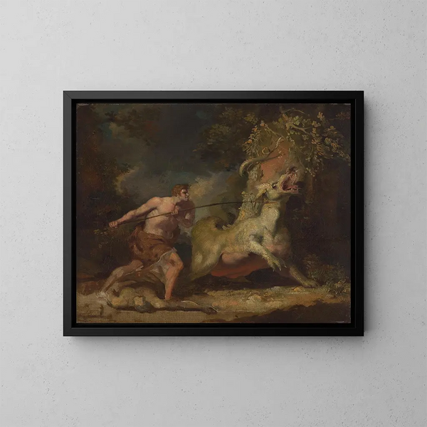Uomo che attacca un mostro - John Hamilton Mortimer — quadro incorniciato alla parete
