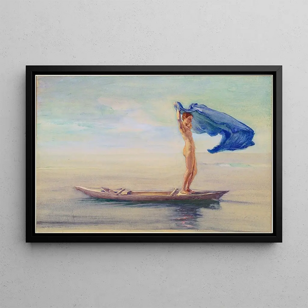 Ragazza con la prua di una canoa che dispiega il suo pareo come vela, Samoa - John La Farge — quadro incorniciato alla parete