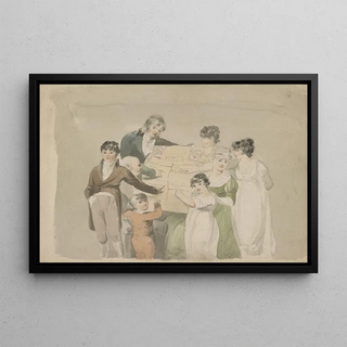 John Rubens Smith - Family group Smith his wife and six children pointing at examples of their work.webp