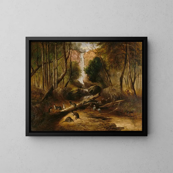 Paesaggio con cespuglio, cascata e un aborigeno che insegue animali nativi in Nuova Galles del Sud - John Skinner Prout — quadro incorniciato alla parete