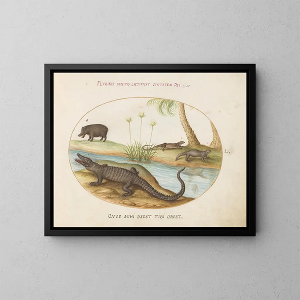 Un coccodrillo, un ippopotamo, un coccodrillo terrestre o un lucertola tegu e un coccodrillo o una lucertola con coda spinosa con una pianta di papiro - Joris Hoefnagel — quadro incorniciato alla parete