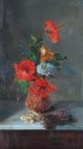 Hibiscus, freesias, dalie e giacinti su una credenza in marmo - José María Bracho Murillo — vista dell’opera