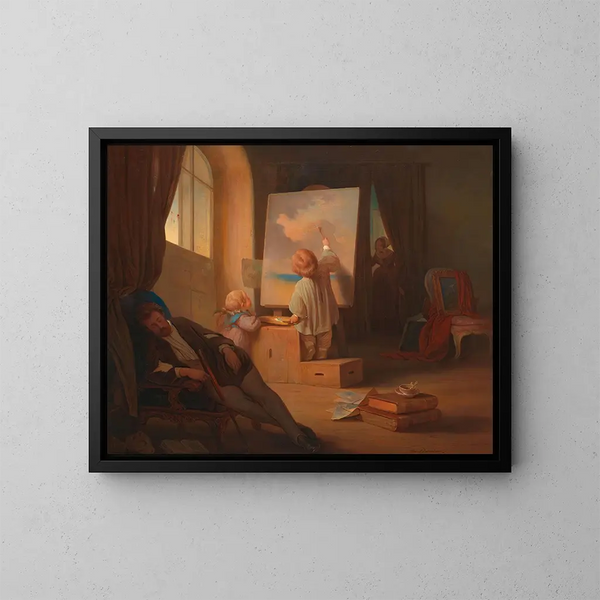 Il pittore addormentato - Josef Danhauser — quadro incorniciato alla parete