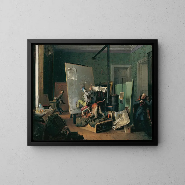Scène comica nell'atelier - Josef Danhauser — quadro incorniciato alla parete