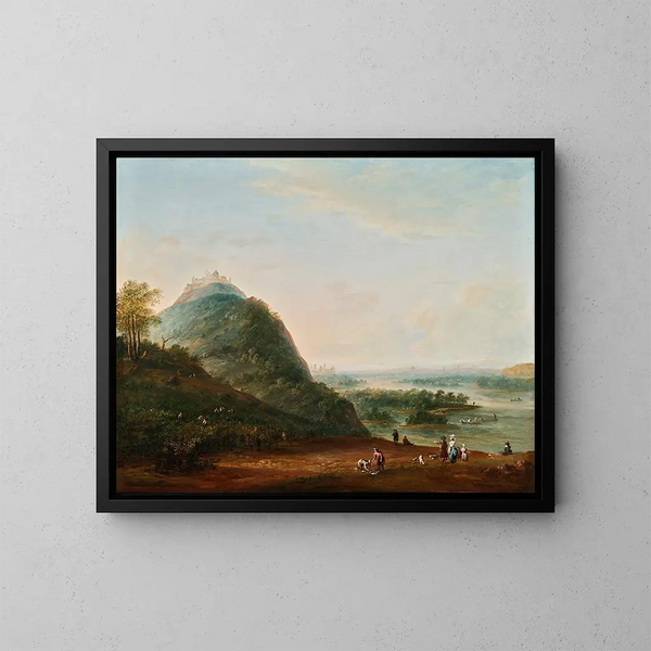 Raccolta di vino vicino a Vienna con vista su Klosterneuburg, il Leopoldsberg, il Bisamberg e Korneuburg - Josef Heideloff — quadro incorniciato alla parete