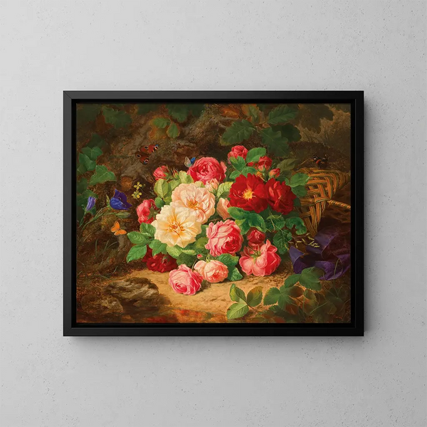 Un sottobosco con una natura morta di rose e farfalle - Josef Lauer — quadro incorniciato alla parete