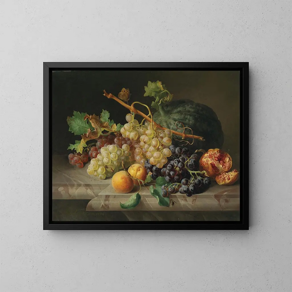 Nature morte con melagrana, uva e melone - Josef Lauer — quadro incorniciato alla parete