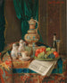 Nature morte con una brocca historicista, un piatto di frutta e un giornale - Josef Mansfeld — vista dell’opera