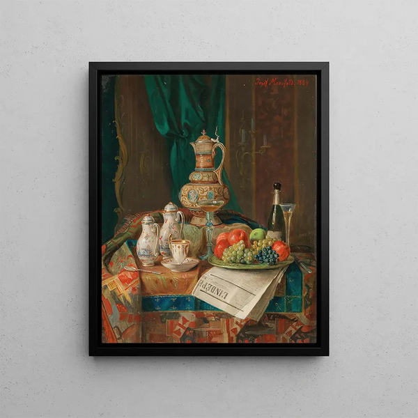 Josef Mansfeld - A Still Life with a Historicist Ewer a Plate of Fruit and a Newspaper.webp