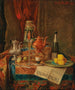 Una natura morta opulenta con un bicchiere di champagne e una brocca in maiolica - Josef Mansfeld — vista dell’opera