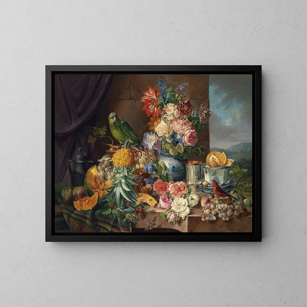 Natura morta con frutta, fiori e pappagallo - Josef Schuster — quadro incorniciato alla parete