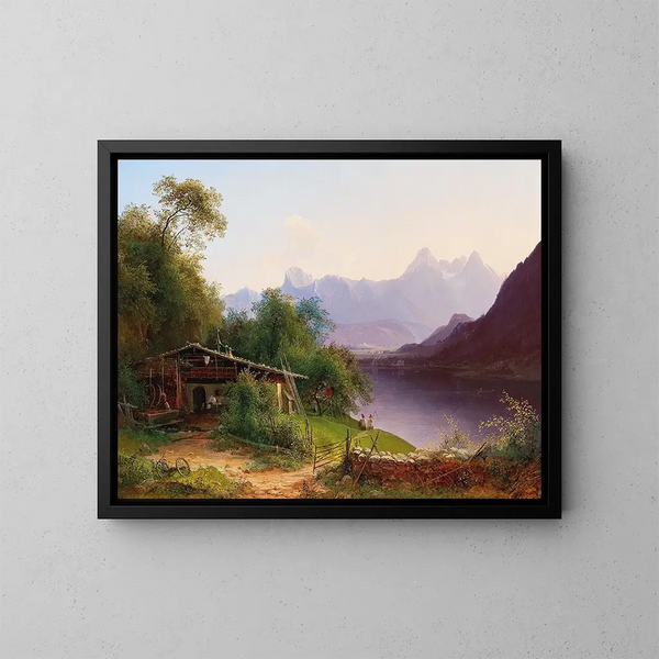 Vista sul lago Zell con Steinernes Meer e il castello di Prielau sullo sfondo - Josef Schwemminger — quadro incorniciato alla parete
