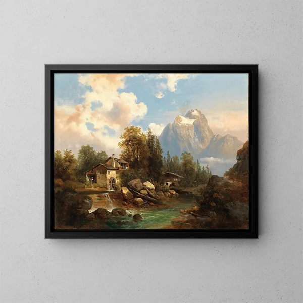 Un mulino sul bordo di un fiume di montagna con sullo sfondo il massiccio del Dachstein - Josef Thoma — quadro incorniciato alla parete