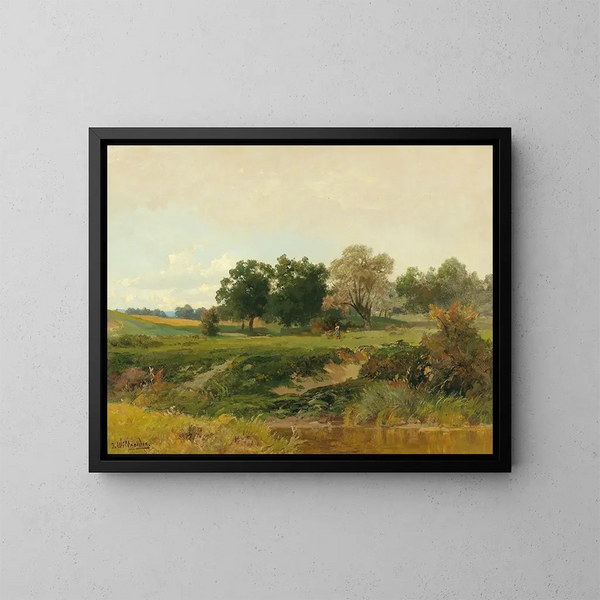 Paesaggio con donna che raccoglie legna - Josef Willroider — quadro incorniciato alla parete
