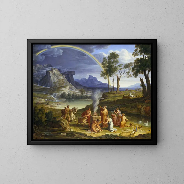Paesaggio con Noè che offre un sacrificio di gratitudine - Joseph Anton Koch — quadro incorniciato alla parete