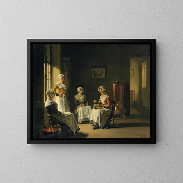 Interno con donne che lucidano ottone - Joseph Bail — quadro incorniciato alla parete