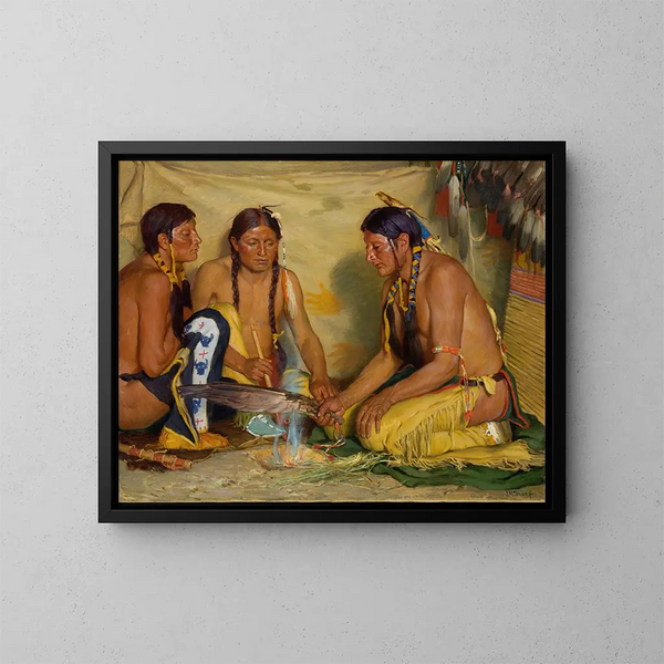 Fabrication de la medicina a base di erba dolce, cerimonia blackfoot - Joseph Henry Sharp — quadro incorniciato alla parete