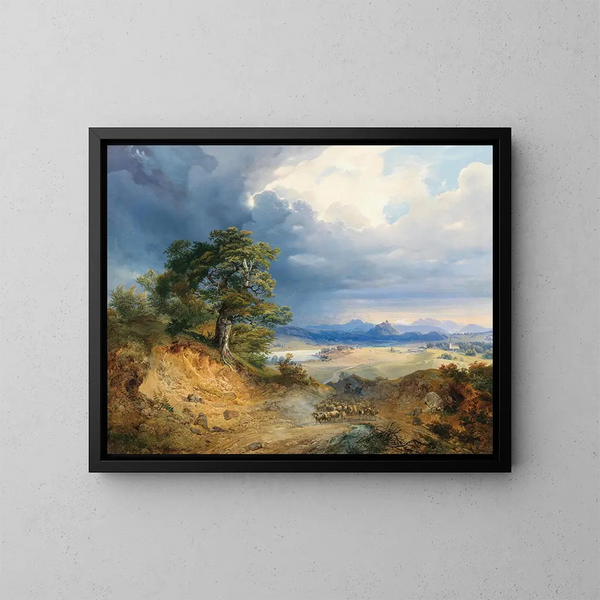 Un paesaggio delle Carpazi con un pastore e il suo bestiame - Joseph Holzer — quadro incorniciato alla parete