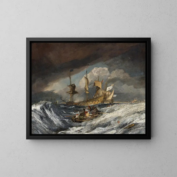 Bateaux trasportanti ancore verso le navi da guerra olandesi - Joseph Mallord William Turner — quadro incorniciato alla parete