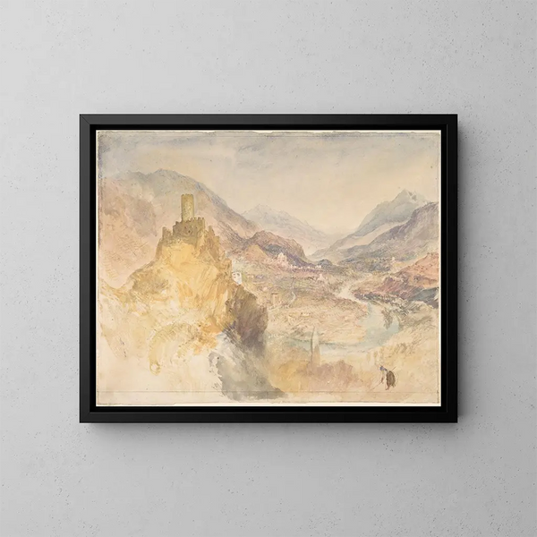 Le Val d'Aoste e il Castello d'Argento visti dall'alto da Villeneuve - Joseph Mallord William Turner — quadro incorniciato alla parete
