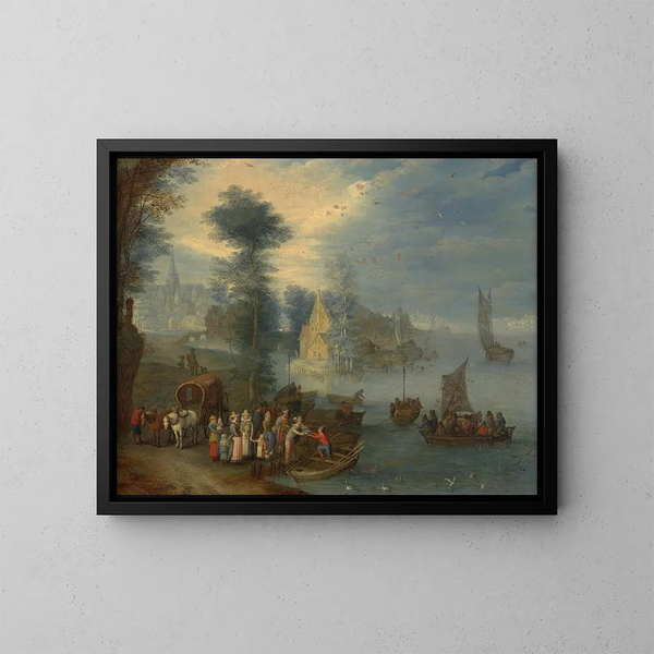 Paesaggio fluviale con figure - Joseph van Bredael — quadro incorniciato alla parete